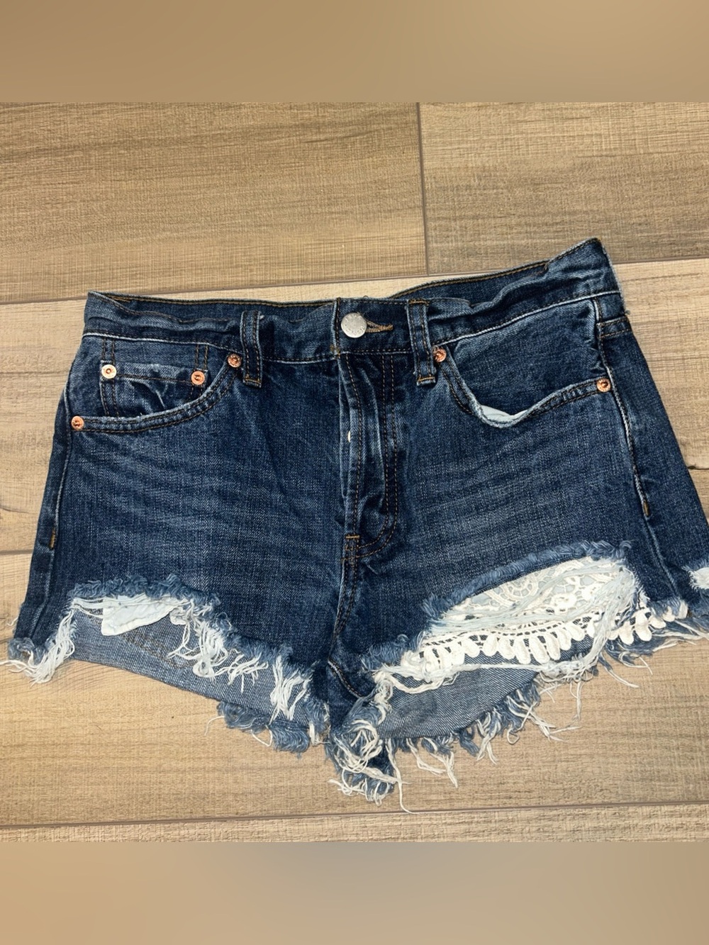 We The Free Micro Denim Shorts Daisy Chain Blue Cutoff Lace Frayed Boho Beach 26